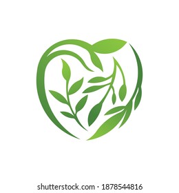 Green Heart icon logo with leaves. To be used for eco vegan herbal healthcare organic nature care concept design