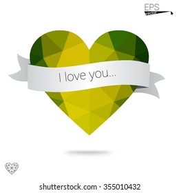 Green heart isolated on white background. Geometric rumpled triangular low poly origami style gradient graphic illustration. Vector polygonal design for your business.