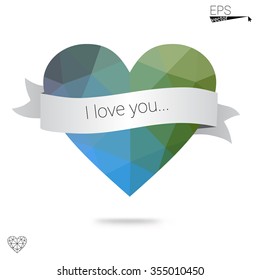 Green heart isolated on white background. Geometric rumpled triangular low poly origami style gradient graphic illustration. Vector polygonal design for your business.