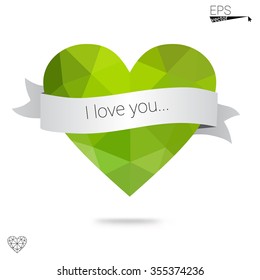 Green heart isolated on white background. Geometric rumpled triangular low poly origami style gradient graphic illustration. Vector polygonal design for your business.
