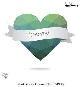 Green heart isolated on white background. Geometric rumpled triangular low poly origami style gradient graphic illustration. Vector polygonal design for your business.