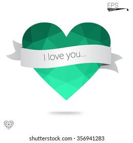 Green heart isolated on white background. Geometric rumpled triangular low poly origami style gradient graphic illustration. Vector polygonal design for your business.