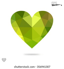 Green heart isolated on white background. Geometric rumpled triangular low poly origami style gradient graphic illustration. Vector polygonal design for your business.
