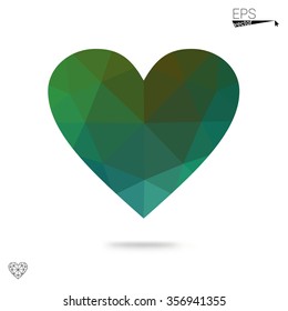 Green heart isolated on white background. Geometric rumpled triangular low poly origami style gradient graphic illustration. Vector polygonal design for your business.