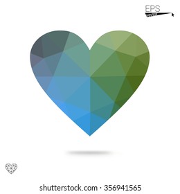 Green heart isolated on white background. Geometric rumpled triangular low poly origami style gradient graphic illustration. Vector polygonal design for your business.