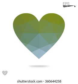 Green heart isolated on white background. Geometric rumpled triangular low poly origami style gradient graphic illustration. Vector polygonal design for your business.