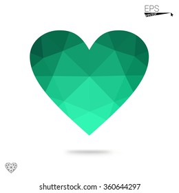 Green heart isolated on white background. Geometric rumpled triangular low poly origami style gradient graphic illustration. Vector polygonal design for your business.