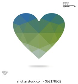 Green heart isolated on white background. Geometric rumpled triangular low poly origami style gradient graphic illustration. Vector polygonal design for your business.