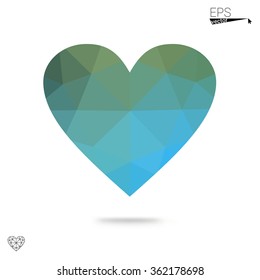 Green heart isolated on white background. Geometric rumpled triangular low poly origami style gradient graphic illustration. Vector polygonal design for your business.