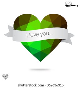 Green heart isolated on white background. Geometric rumpled triangular low poly origami style gradient graphic illustration. Vector polygonal design for your business. Green heart isolated on white background. Geometric rumpled triangular low poly origami style gradient graphic illustration. Vector polygonal design for your business.