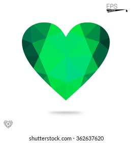 Green heart isolated on white background. Geometric rumpled triangular low poly origami style gradient graphic illustration. Vector polygonal design for your business.