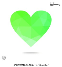 Green heart isolated on white background. Geometric rumpled triangular low poly origami style gradient graphic illustration. Vector polygonal design for your business.