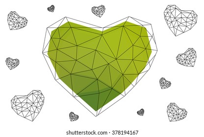 Green heart isolated on white background. Geometric rumpled triangular low poly origami style gradient graphic illustration. Vector polygonal design for your business.