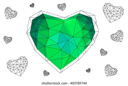 Green heart isolated on white background. Geometric rumpled triangular low poly origami style gradient graphic illustration. Vector polygonal design for your business.