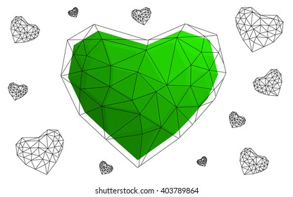 Green heart isolated on white background. Geometric rumpled triangular low poly origami style gradient graphic illustration. Vector polygonal design for your business.