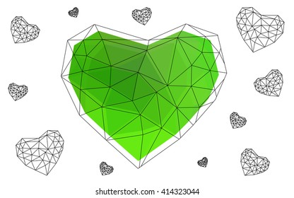 Green heart isolated on white background. Geometric rumpled triangular low poly origami style gradient graphic illustration. Vector polygonal design for your business. Green heart isolated on white background. Geometric rumpled triangular low poly origami style gradient graphic illustration. Vector polygonal design for your business.
