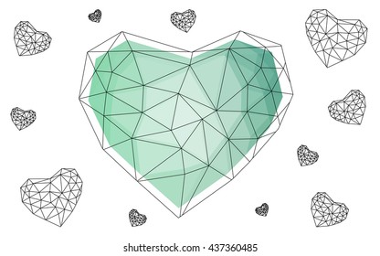 Green heart isolated on white background. Geometric rumpled triangular low poly origami style gradient graphic illustration. Vector polygonal design for your business.