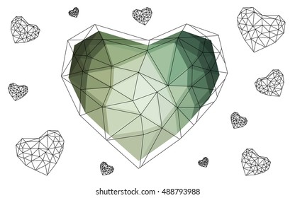 Green heart isolated on white background. Geometric rumpled triangular low poly origami style gradient graphic illustration. Vector polygonal design for your business.