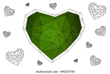 Green heart isolated on white background. Geometric rumpled triangular low poly origami style gradient graphic illustration. Vector polygonal design for your business.