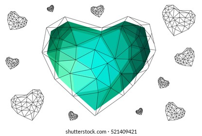 Green heart isolated on white background. Geometric rumpled triangular low poly origami style gradient graphic illustration. Vector polygonal design for your business.