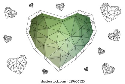 Green heart isolated on white background. Geometric rumpled triangular low poly origami style gradient graphic illustration. Vector polygonal design for your business.