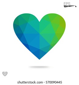 Green heart isolated on white background. Geometric rumpled triangular low poly origami style gradient graphic illustration. Vector polygonal design for your business.