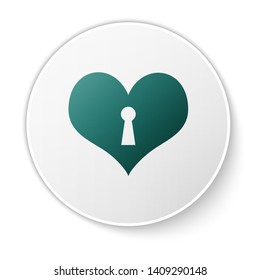 Green Heart with keyhole icon isolated on white background. Locked Heart. Love symbol and keyhole sign. White circle button. Vector Illustration