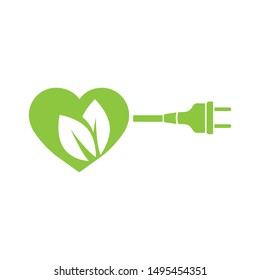 green heart, leaves and electrical plug cable, vector