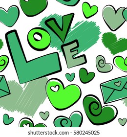 Green heart, letter and love text seamless pattern on a white background. Vector illustration.