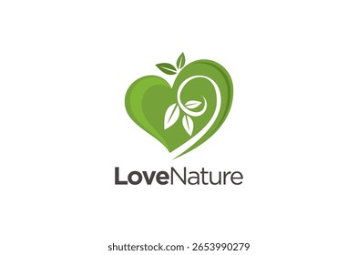 Green heart logo design with leaves, symbolizing love for nature. Vector illustration.