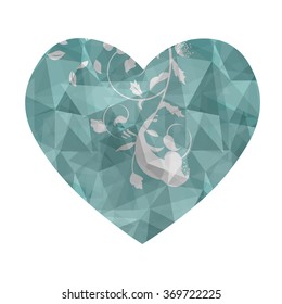 Green heart in love polygonal low poly with abstract flower on isolated