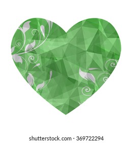  Green heart in love polygonal low poly with abstract flower on isolated