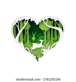 Green heart of nature concept paper art style.Deer wildlife in green forest background vector illustration.