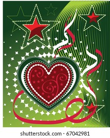 Green heart on a holiday postcard. Valentine's Day!