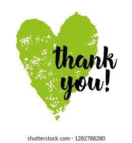 green heart on a white background with a black inscription Thank you. Wallpapers, invitations, posters, brochures, banners. Vector illustration