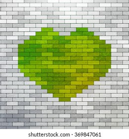 Green Heart painted at white bricks wall. Love Green Nature symbol at white wall. Eco friendly and medic vector illustration. Urban and youth styled art. Modern heart background.