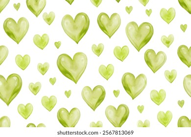 Green heart pattern, watercolor design, seamless background, romantic decor, nature-inspired art, vibrant colors.