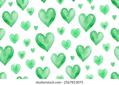 Green heart pattern, watercolor design, seamless background, romantic theme, nature-inspired art, vibrant colors, decorative elements.