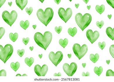 Green heart patterns, watercolor style, vibrant design, seamless background, romantic decor, nature-inspired art.