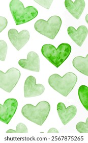 Green heart patterns, watercolor texture, soft background, romantic design, love theme, seamless repeat, artistic style.