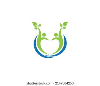 Green Heart and People Love Tree Logo Template.  Abstract Family, Relation and Love Icon.