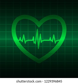 Green Heart pulse monitor with signal. Heart beat. ekg icon wave