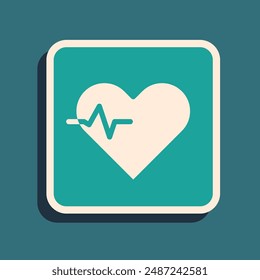 Green Heart rate icon isolated on green background. Heartbeat sign. Heart pulse icon. Cardiogram icon. Long shadow style. Vector