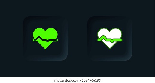 Green Heart rate icon isolated on black background. Heartbeat sign. Heart pulse icon. Cardiogram icon. Black square button. Vector