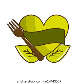 green heart with ribbon, fork and leaves