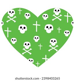 Green Heart with sculls and crosses  on white background.Crossbones.Heart Shaped