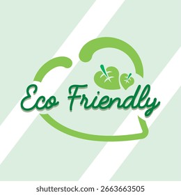 Forma de corazón verde con decoraciones de hojas y texto ecológico en diseño de patrón de rayas verdes claras. Ilustración vectorial