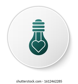 Green Heart shape in a light bulb icon isolated on white background. Love symbol. Valentine day symbol. White circle button. Vector Illustration