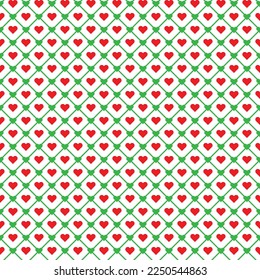Green heart shape linked with green line square on white background. Happy Valentine's day. Heart pattern on white backdrop.