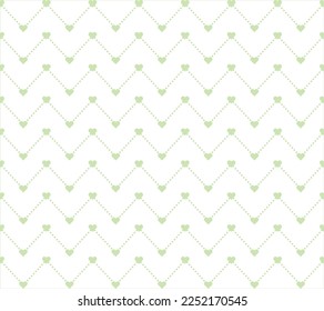Green heart shape linked with green zig zag dot on white background. Happy Valentine's day. Heart pattern on white backdrop. Love chevron pattern.